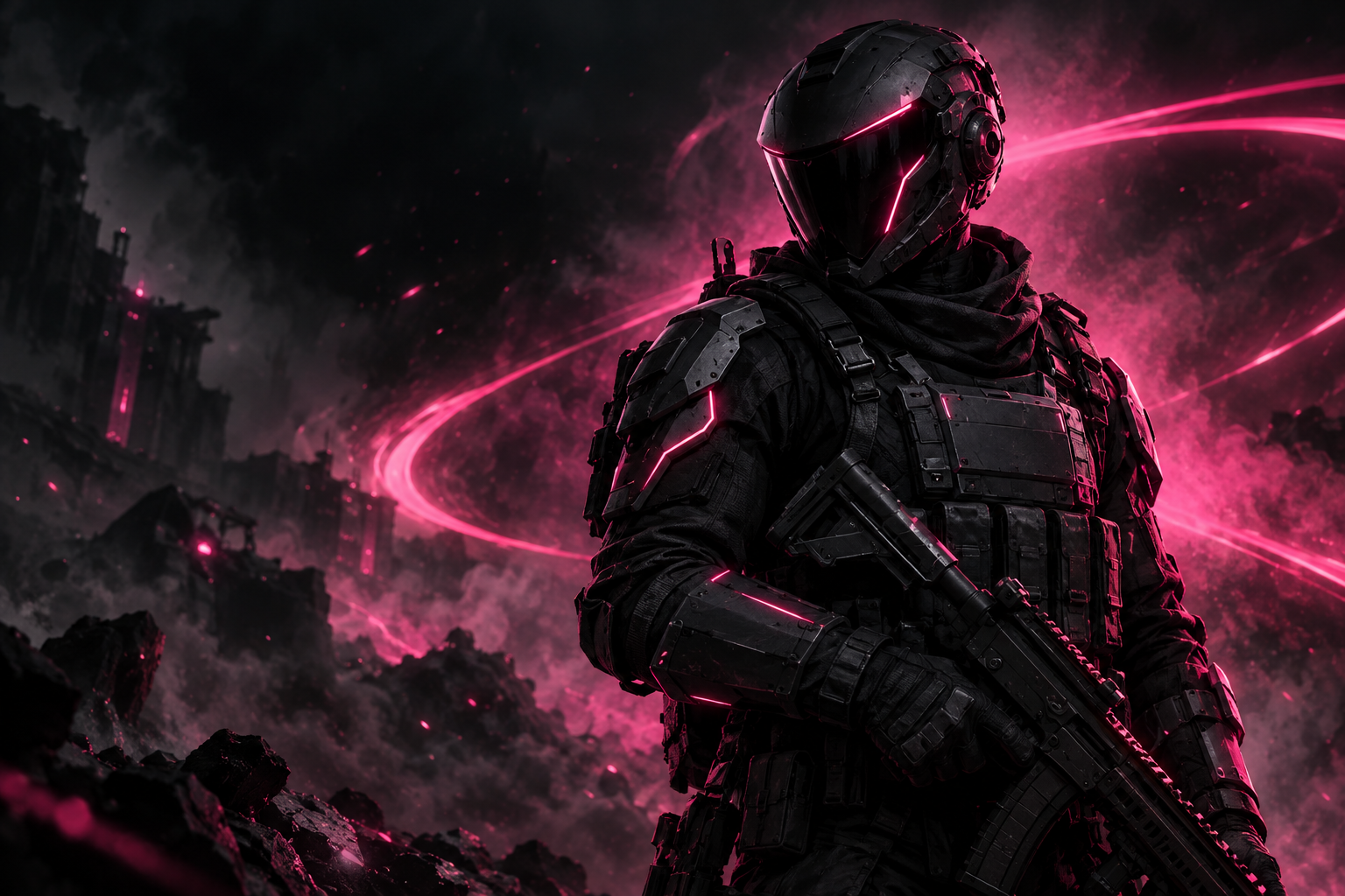 Arte de um operador tático com iluminação rosa